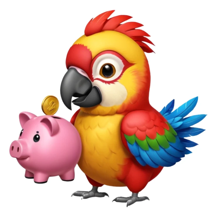 Macaw putting a coin into piggy bank with its beak sticker