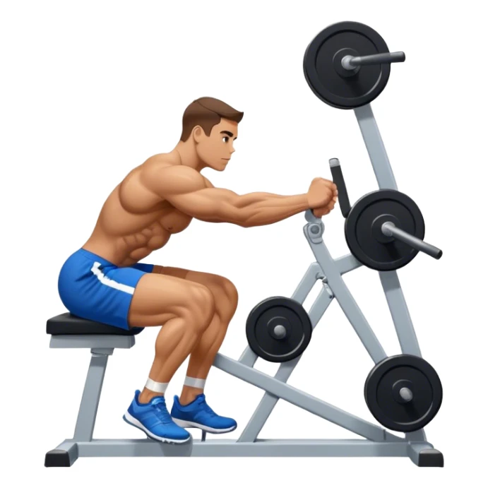 side-view bodybuilder in blue shorts seated weighted calf-raise machine on his tip toes sticker