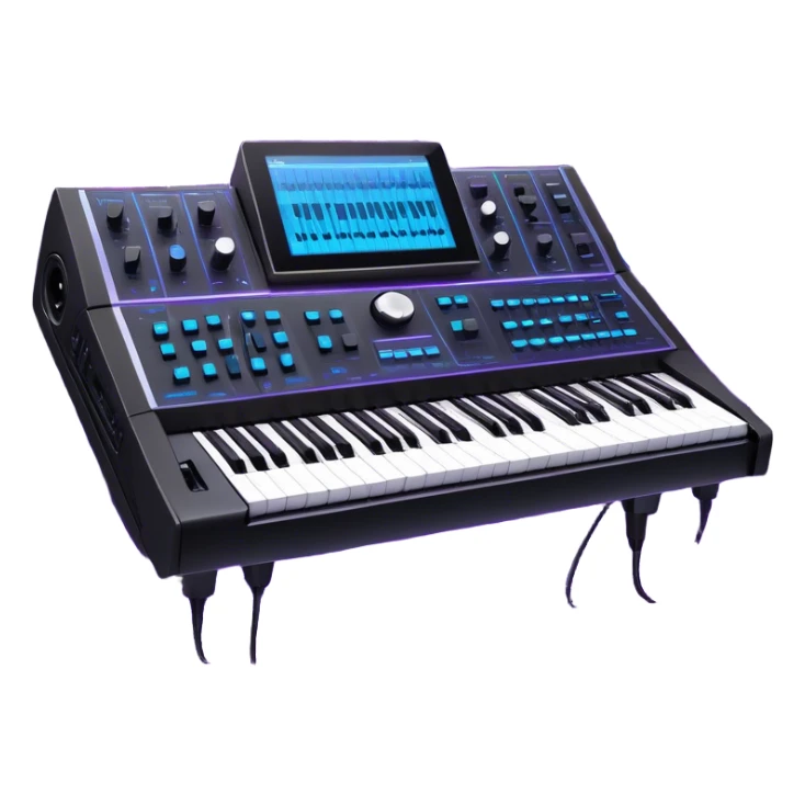 Create a professional and artistic emoji that represents sound design. The design should feature essential sound design equipment, including a high-end Korg synthesizer, a sound mixing console with visible wires, large studio speakers, and a microphone. Surround the equipment with flowing, abstract sound waves and musical notes to symbolize the fluid, creative nature of sound design. Add subtle effects like glowing sound frequencies or swirling patterns to represent the dynamic manipulation of sound. Use sleek, modern colors like black, silver, neon blue, and purple to evoke a sense of innovation and artistic exploration. The background should be transparent. sticker