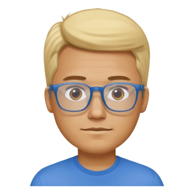 portrait of US man, wearing a blue shirt, square glasses, blonde hair sticker