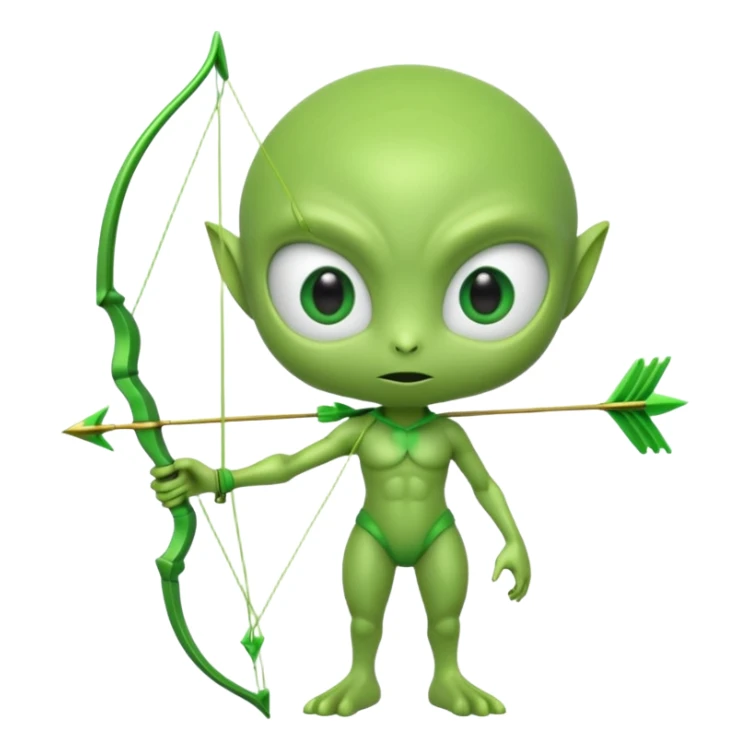 3D emoji-style green alien holding a bow and arrow, glossy texture, smooth skin, large expressive eyes, small humanoid body, minimalist background, soft lighting, Pixar-style rendering, high detail, cute but slightly serious expression, clean centered composition sticker