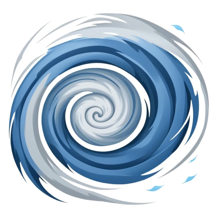A powerful hurricane depicted in a side view, with swirling wind patterns, a distinct eye of the storm, and dynamic motion lines. The colors should include shades of gray, blue, and white to represent strong winds and rain. A few debris particles flying in the air can add intensity. sticker