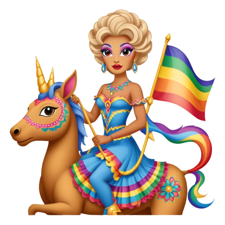 drag queen riding a whimsical alebrije, LGBTQ flag sticker