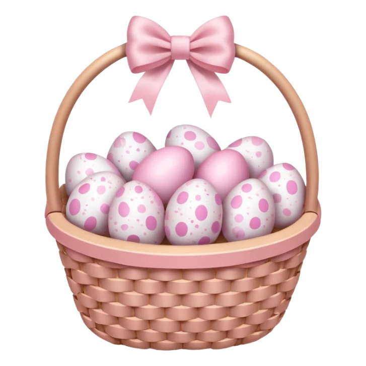 white basket full of light pink easter eggs with a light pink bow sticker