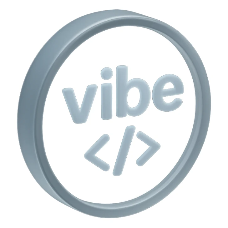 a glassy coin with the word 'vibe' and coding symbols in matte glass style sticker