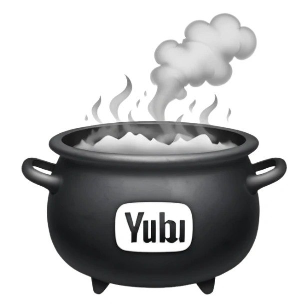 A black cauldron with lot of smoke rising, and the white YouTube play button logo floating above the smoke sticker