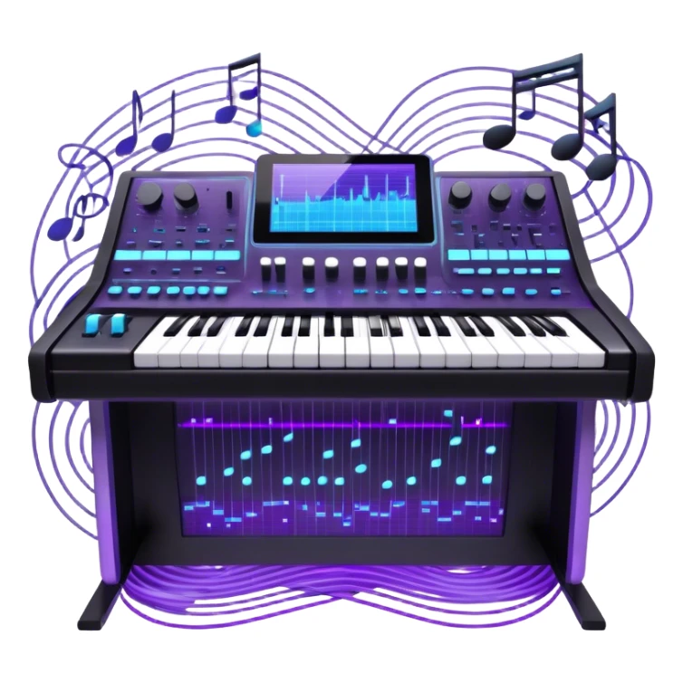 Create a professional and artistic emoji that represents sound design. The design should feature essential sound design equipment, including a high-end Korg synthesizer, a sound mixing console with visible wires, large studio speakers, and a microphone. Surround the equipment with flowing, abstract sound waves and musical notes to symbolize the fluid, creative nature of sound design. Add subtle effects like glowing sound frequencies or swirling patterns to represent the dynamic manipulation of sound. Use sleek, modern colors like black, silver, neon blue, and purple to evoke a sense of innovation and artistic exploration. The background should be transparent. sticker
