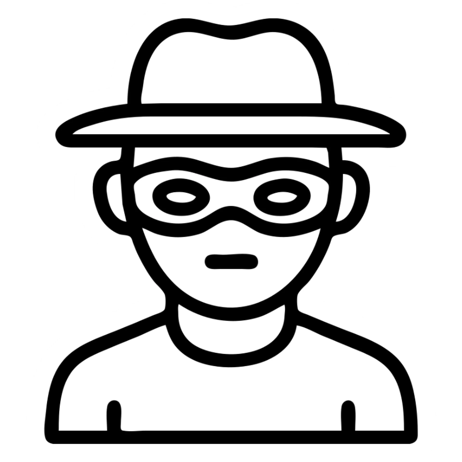 cartoon thief with mask and hat icon, simple shapes, bold outline, app icon sticker