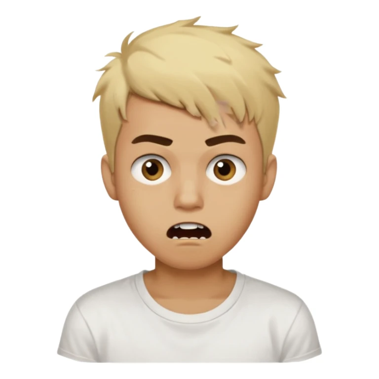 Short buzz, messy blonde hair. Dark brown bushy eyebrows large expressive golden-brown eyes, wearing a plain white t-shirt. Male Teenager. light Dark Brown skin color. Confused mouth gape showing teeth sticker