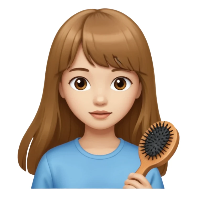 a girl with light skin and medium brown long hair with bangs who is brushing her hair with a hairbrush sticker