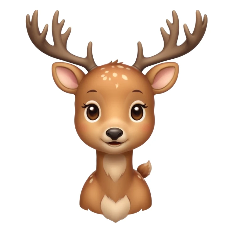 A cute deer is lying, small and simple, with big round eyes, a gentle smile, short antlers, soft beige fur with slightly lighter spots on its back, rounded cartoon-like proportions, minimal shading, vector-style, sticker