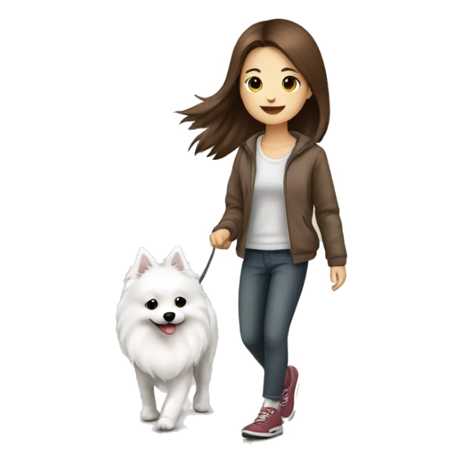 Japanese spitz dog walk with brown hair girl sticker