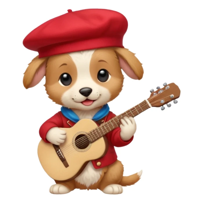 Steampunk:a very cute and adorable anthropomorphic puppy with a red beret is playing an acoustic guitar sticker