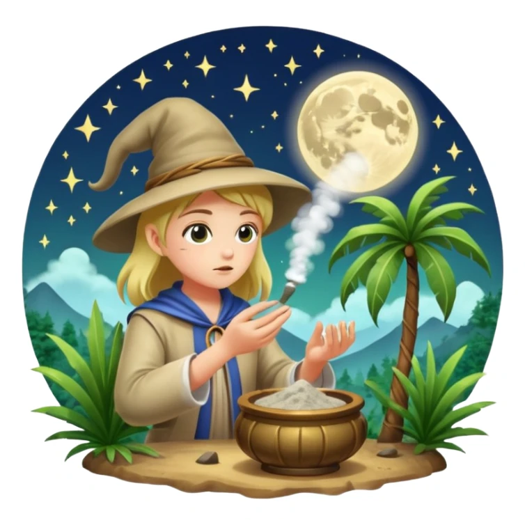forest alchemist blowing moon dust from palm like spell powder sticker