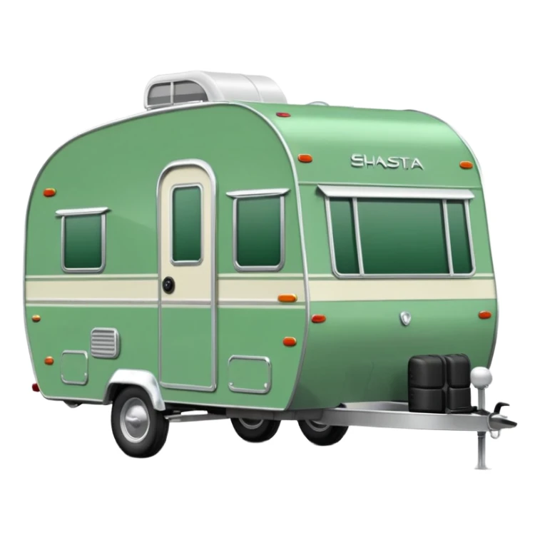 Shasta travel trailer, single axle, colored all green, the same green shade as movie trailer green preview card, light grey tires and grey hitch sticker