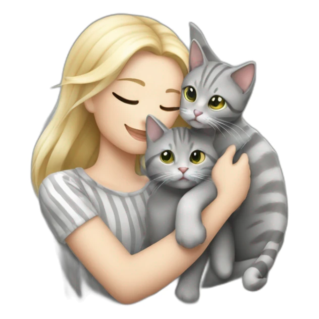 A blond whit hirl with som silver roundglasess is hugging a grey stripet cat and there ar alot of harts sticker
