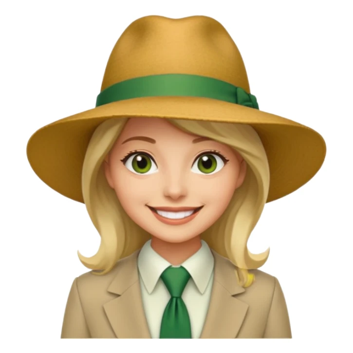 Woman in wide-brim hat & green tie sticker