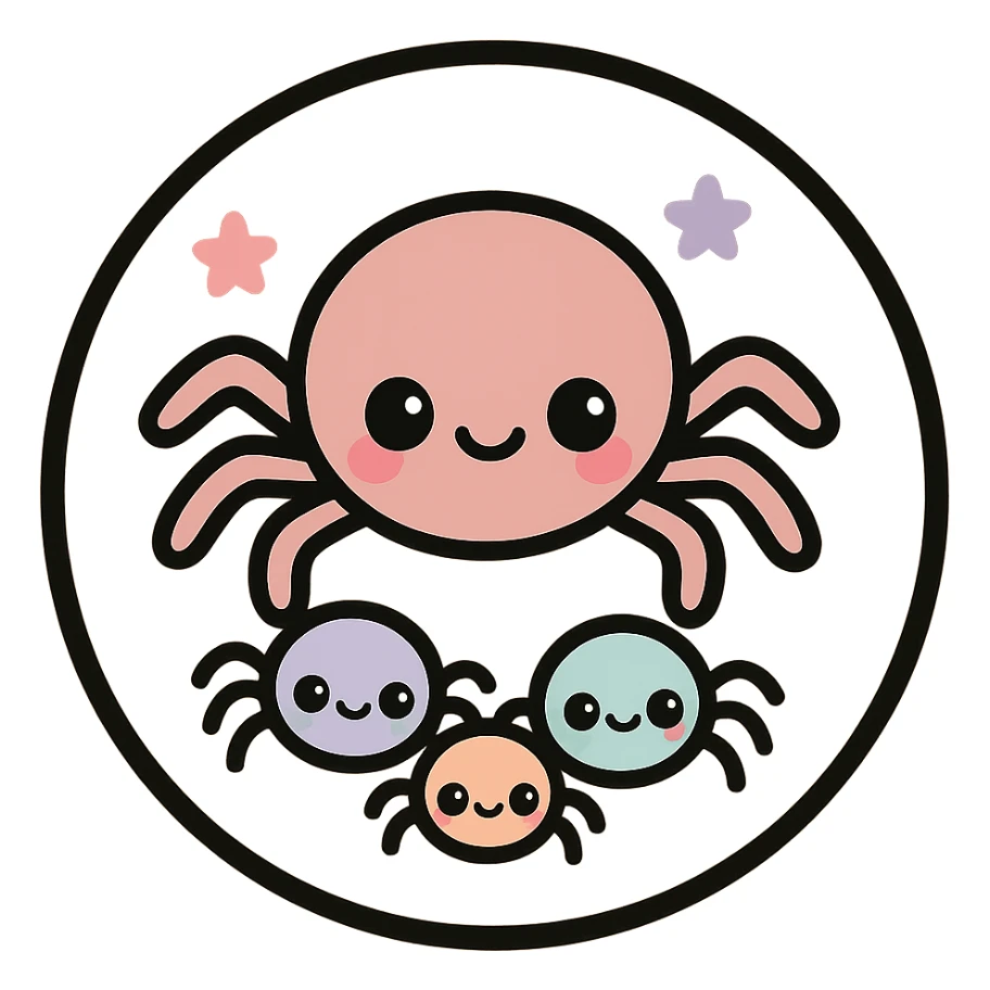 little alchemy style icon
subject: spider family
border: medium-black
shape: round, circular
background: white
style: full color fill with medium black outlining sticker