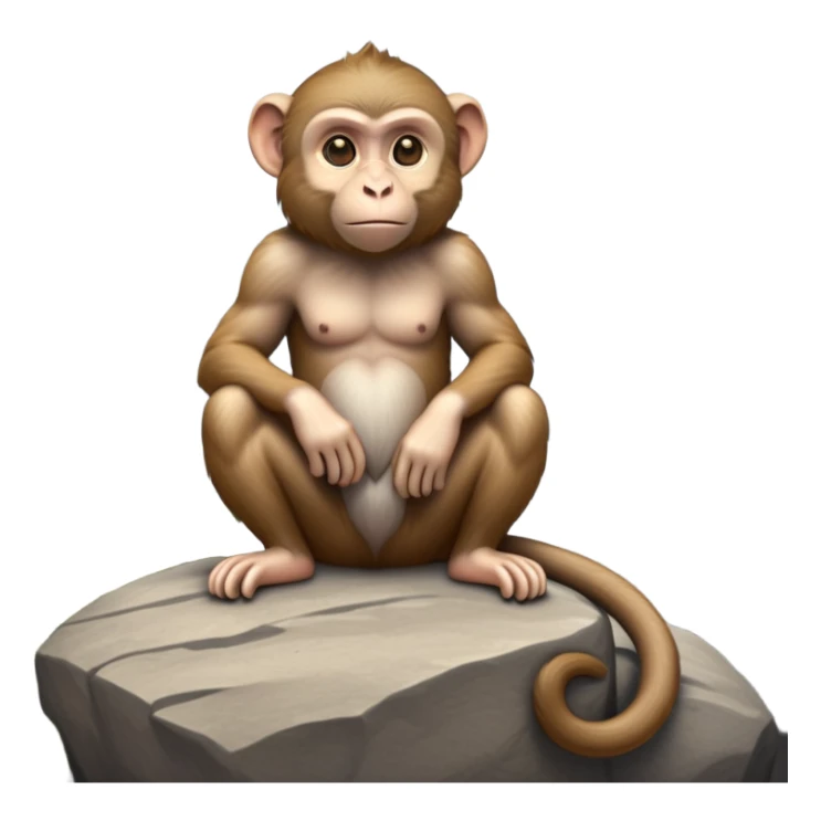 cinematic-macaque-realistic-full-body-sitting-emoji,-compact-muscular-frame-poised-on-a-rocky-outcrop,-short-curled-tail-resting-behind,-head-tilted-dramatically,-thick-dense-fur-in-warm-shades-of-brown-and-grey,-expressive-eyes-filled-with-intelligent-curiosity,-simplified-yet-realistic-focused-features,-highly-detailed,-glowing-with-an-almost-sarcastic-glow sticker