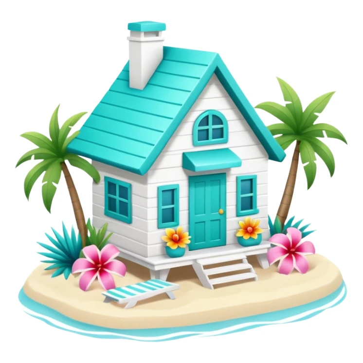 cute beach house, turquoise and white, colorful details, tropical flowers, 3D cartoon, mobile game icon style, clean background, no text, no watermark
 sticker