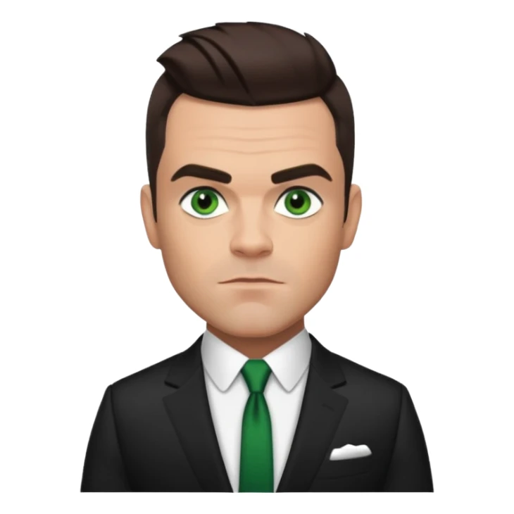 Robbie Williams with dark brown hair, green eyes, suit sticker