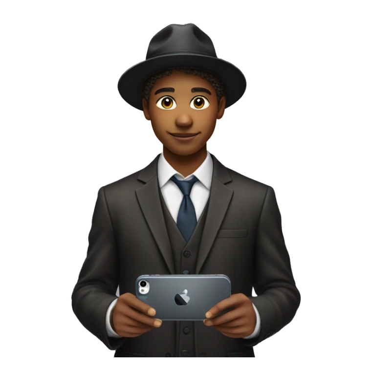 Young Man above 16 year a suit He is wearing a hat and holding an iPhone 15 Pro Max in his hand  sticker