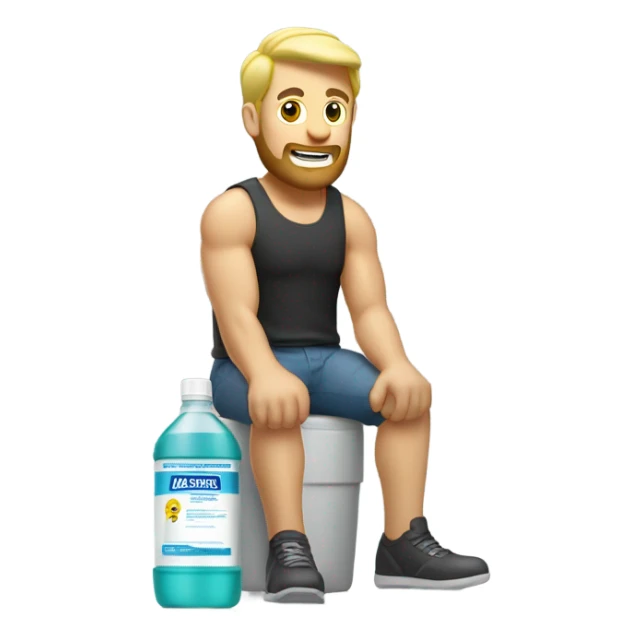 Buff man with blonde short hair and a medium length blonde beard riding on top of a giant bottle of listerine sticker