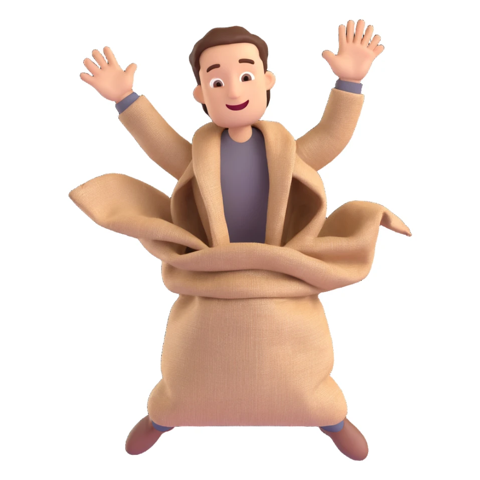 3D style cartoon man jumping in a burlap sack, holding sack with both hands, joyful, minimal background sticker