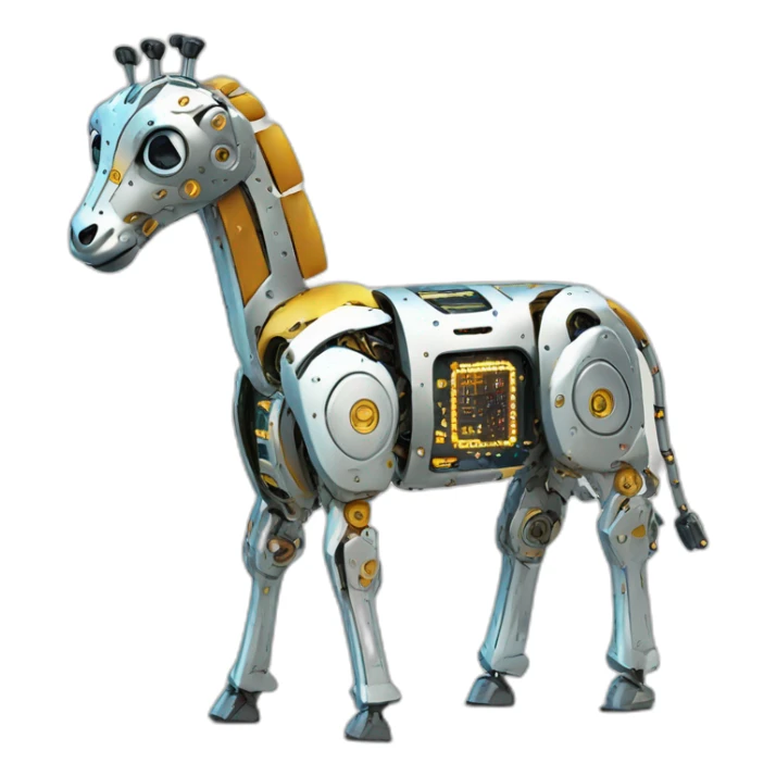 Una girafa robotica con patrones de circuitos brillantes en su piel, piernas con juntas móviles y piezas de metal relucientes sticker