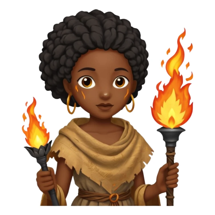 ancient black girl, tattered leaf cloth, hold a torch sticker