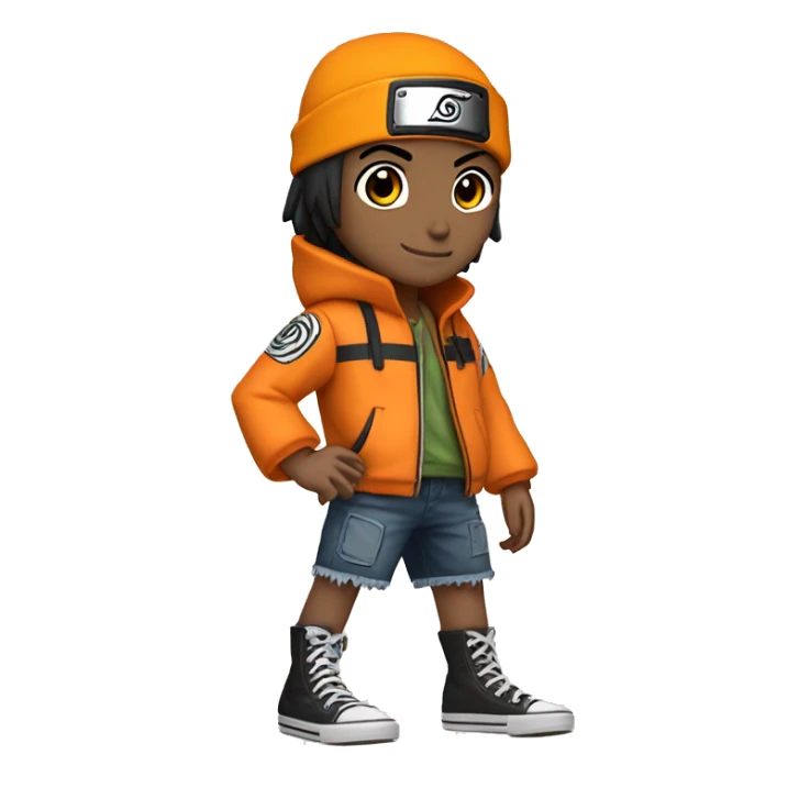 Naruto character brazilian flag, lightsskin, short straight black hair, orange jacket with a little black, a head wrap from his character, black Converse shoes, jean shorts and smiling sticker