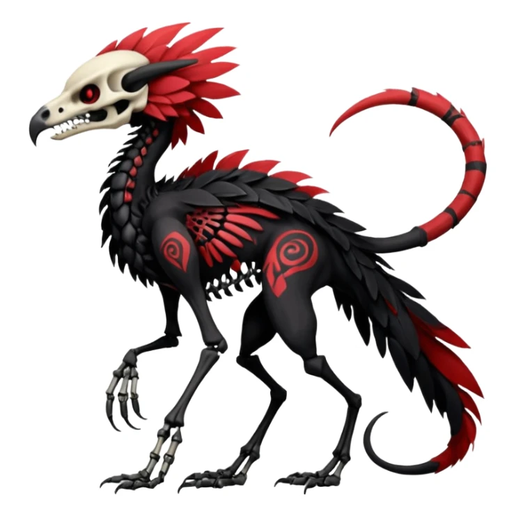 Rare realistic dark edgy evil tribal patterned red-feathered skeletal badass epic handsome gorgeous aesthetic black-skulled Vernid-Trico-Sergal-species-Fakemon-creature by LiLaiRa, 4 legs, 1 tail, random markings, (full body) sticker
