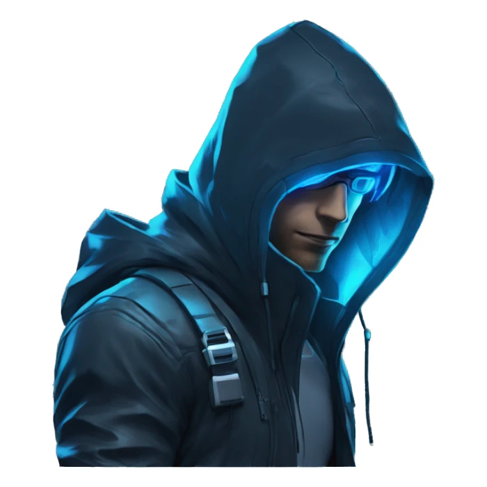 developer behind his laptop with this style : crysis Cyberpunk Valorant neon glowing bright blue character blue black hooded assassin themed character sticker