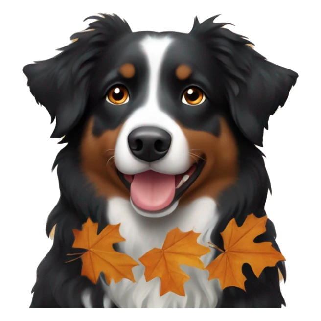 Small black australian shepherd dog wearing autumn leaves sticker