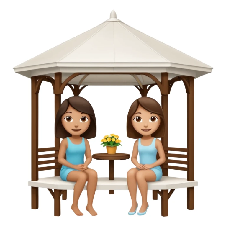 Two small brunette women sitting under a large white gazebo sticker
