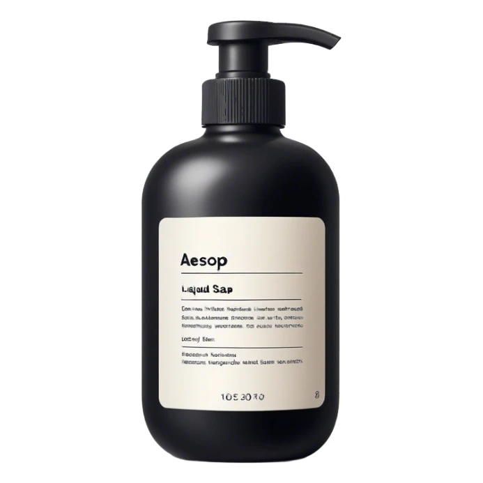 Liquid soap bottle by brand Aesop – black bottle with white label sticker