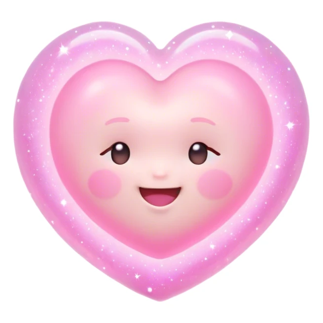Cinematic floating soft heart, chubby round edges, pastel pink glow, tiny smiling face, surrounded by dreamy sparkles, gentle and loving. sticker