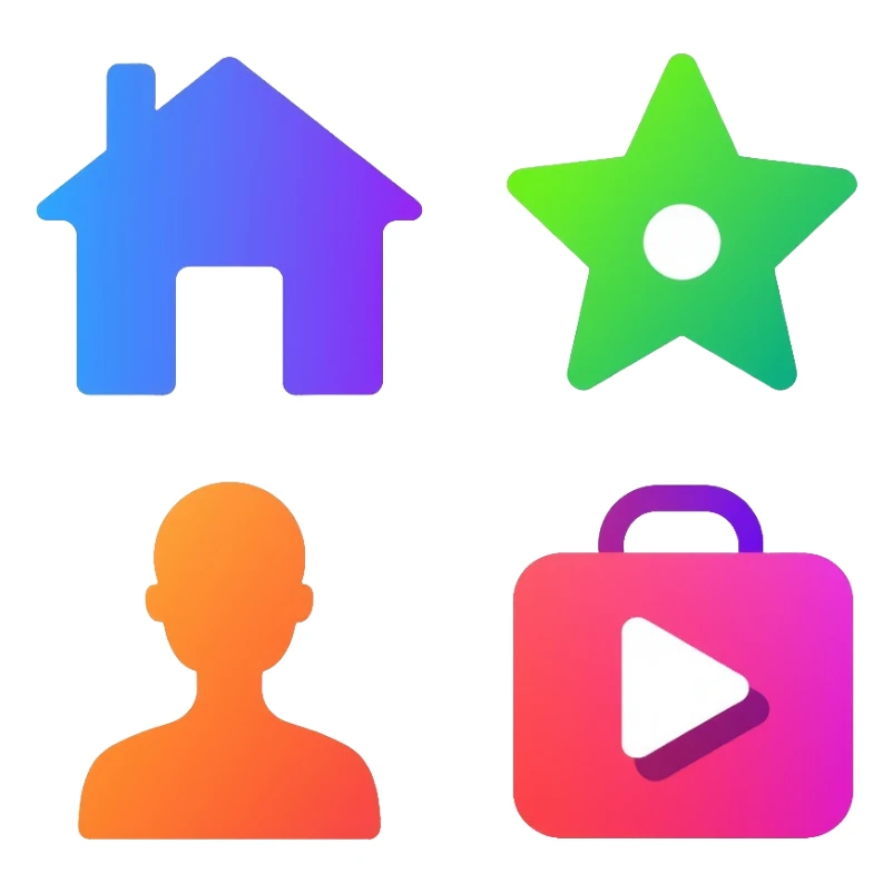Colorful website navigation icons with vibrant gradients: home icon in blue, search icon in purple, menu icon in green, profile icon in orange, and settings icon in red sticker