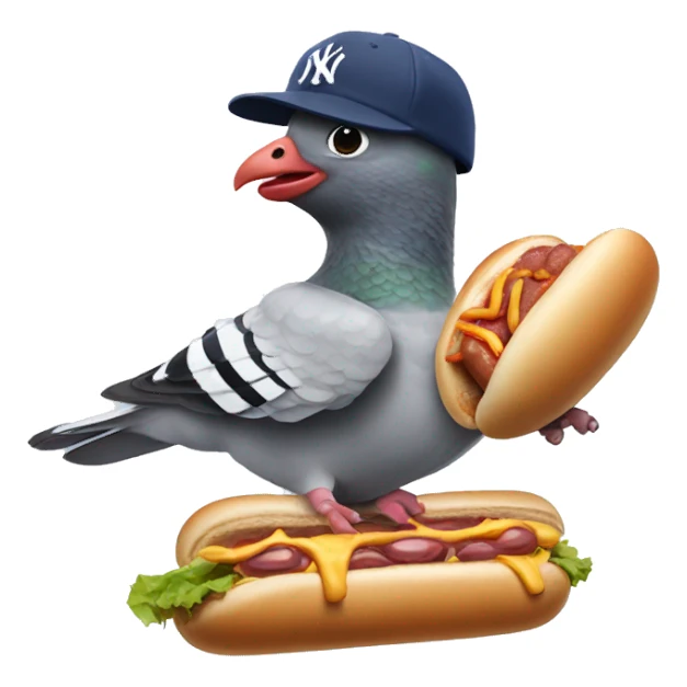 pigeon wearing New York yankee hat while smashing a hotdog sticker