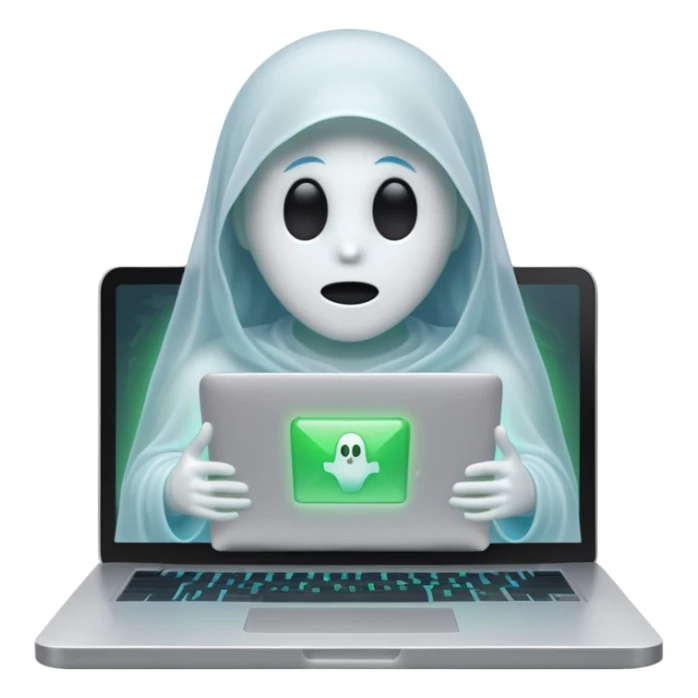 ghost with laptop, green and blue accents, hinting at Vue and React, IT atmosphere sticker