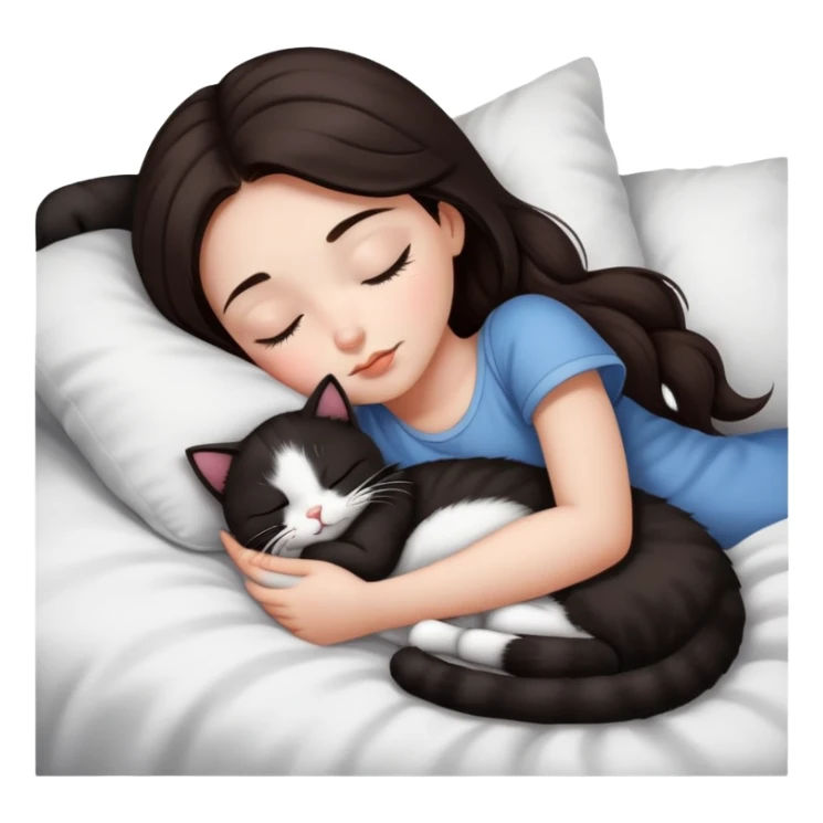 girl dark brown hair sleeping with black and white kitty sticker