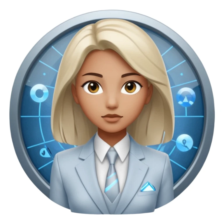 Artemis, A sleek female avatar with a focused, forensic gaze, wearing a minimalist white and silver tailored suit accented with moonlight blue. She is analyzing a transparent holographic interface displaying complex global sovereign credit data. sticker