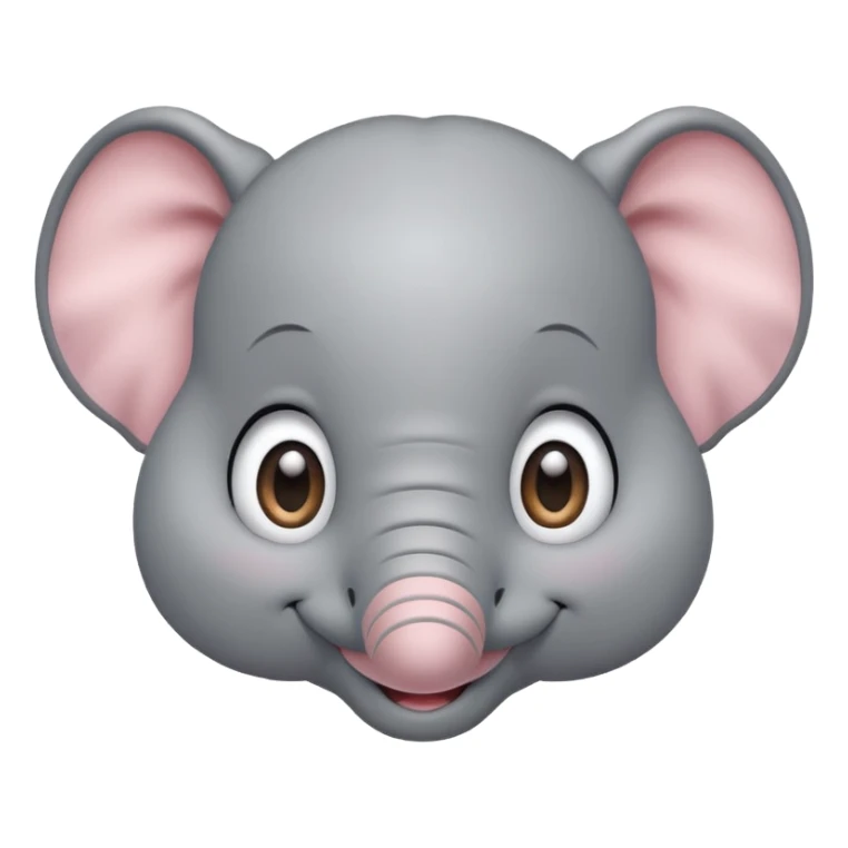 A cute, friendly cartoon elephant face smiling broadly. Big sparkling eyes, rosy cheeks, soft rounded shapes, pastel colors, children's book illustration style, heartwarming sticker