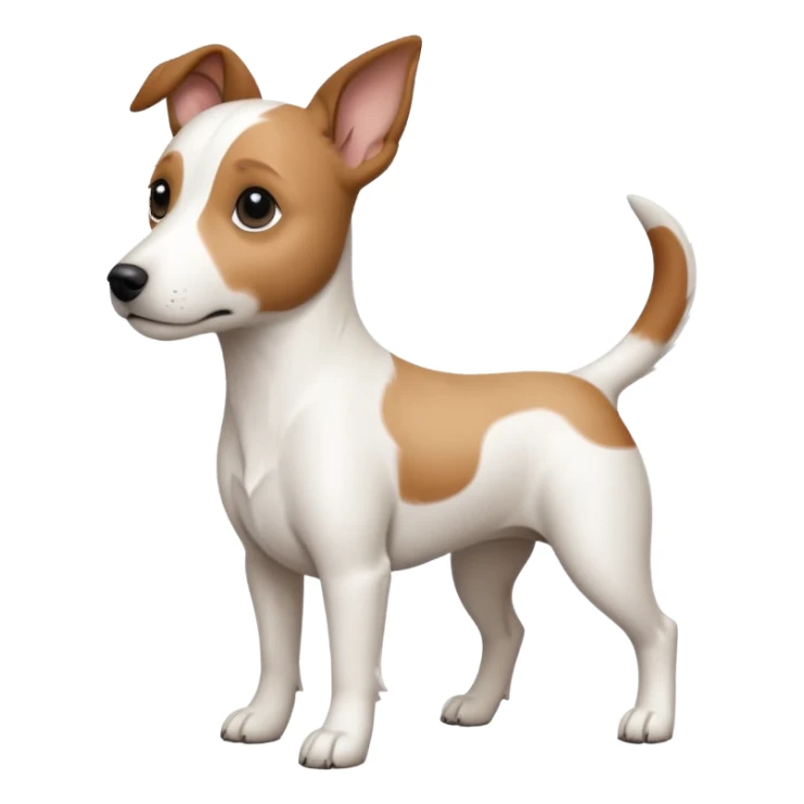 a fully white jack russell the size of a kelpie with floppy ears and a half white face sticker