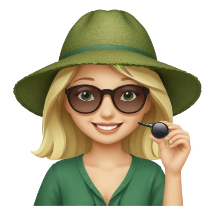 
blonde girl in dark green beach big hat adjusting sunglasses sticker