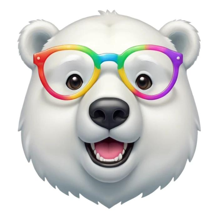 head and shoulders of a friendly anthropomorphised polar bear wearing oversized colorful star glasses, excited expression sticker