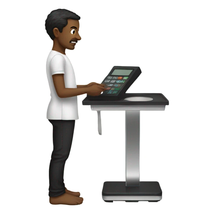 Man with bare legs wearing black smock standing on scale sticker