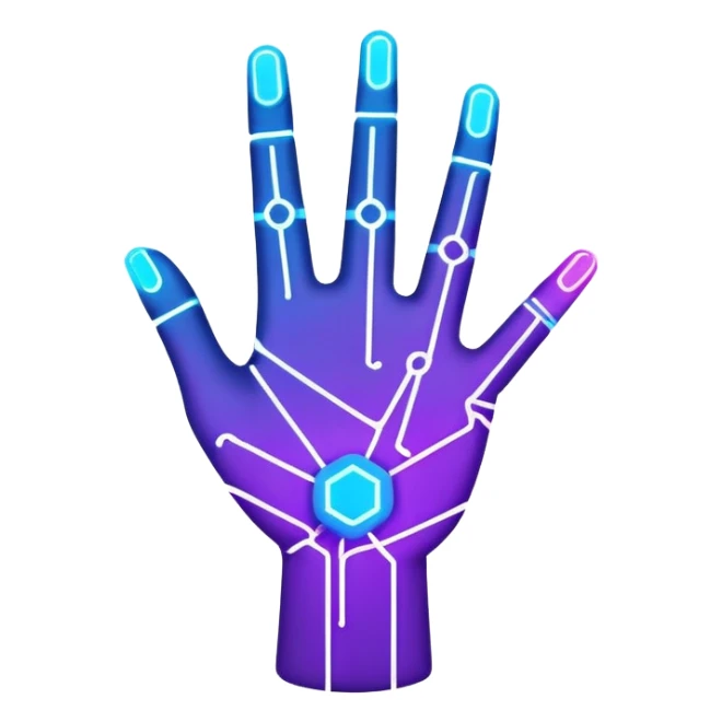 A futuristic abstract logo featuring a geometric hand outline with circuit-like lines, glowing in neon blue and purple, minimal and modern design sticker