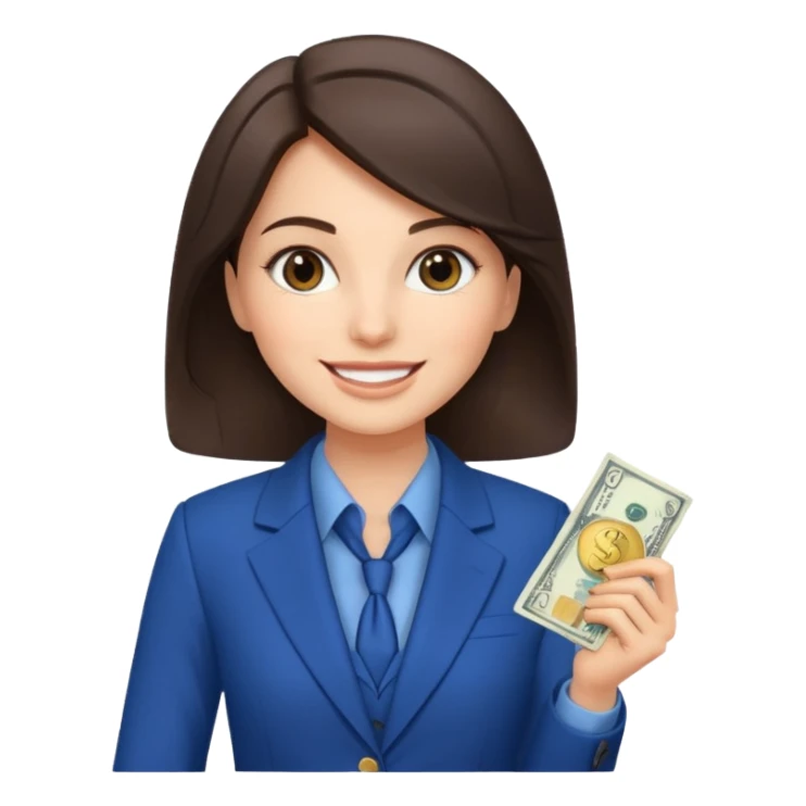 brunet Woman wearing blue suit holding dolar sticker