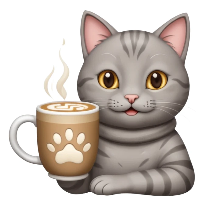 Happy gray Cat holding in its front two paws an hot latte sticker